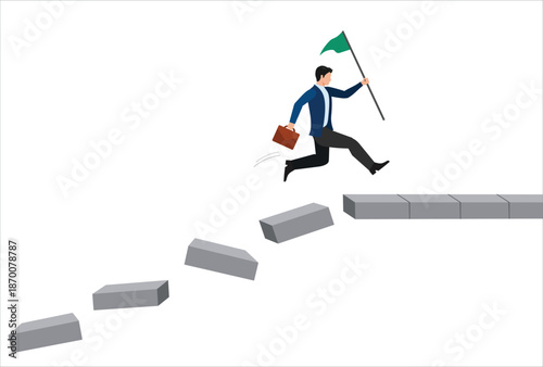 Survive and success in crisis, taking risk to thrive and succeed, courage or confidence to achieve target, effort to overcome challenge concept, businessman jumping on collapse bridge to reach target.