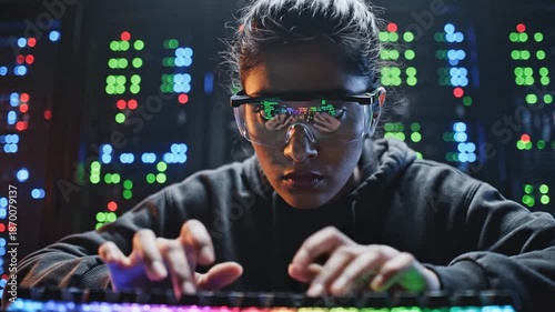 Focused woman in futuristic glasses typing on a colorful glowing keyboard in a server room
