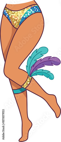 Woman's legs in sequined carnival briefs and feathers