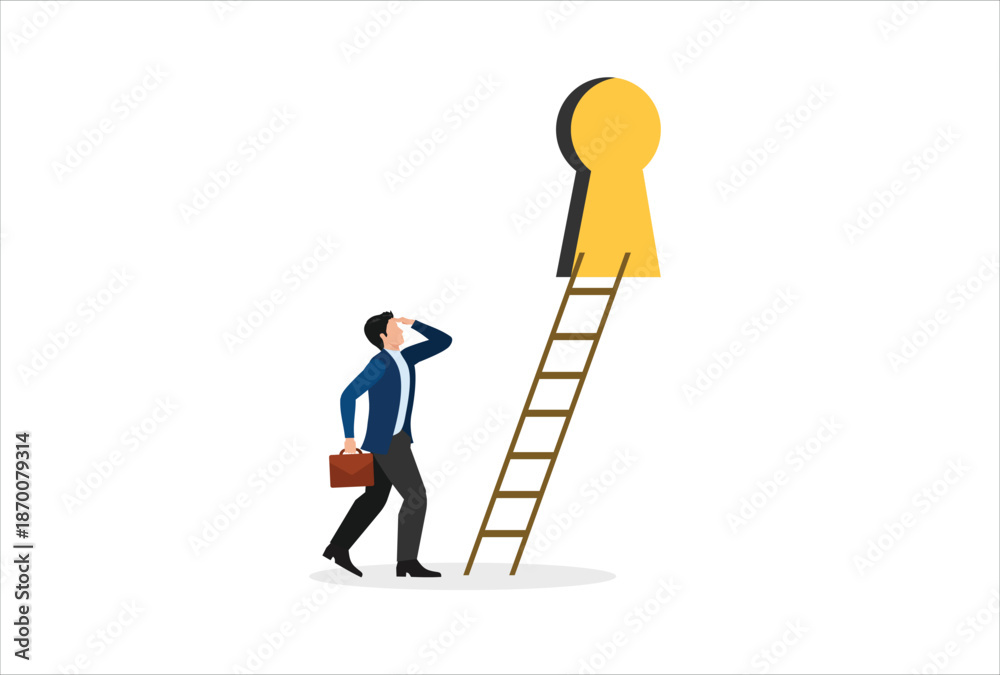 Fototapeta premium Business opportunity or ladder of success, challenge ahead for career development and personal improvement, motivation and inspiration concept, businessman climbing up ladder through secret keyhole.