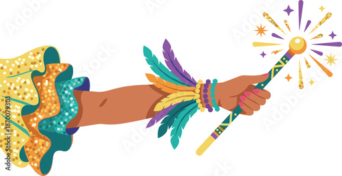 Arm with festive costume holding sparkling carnival wand