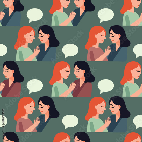 Seamless pattern of two women in conversation with speech bubbles, depicting friendship, empathy, and communication. Modern flat illustration for backgrounds and design.