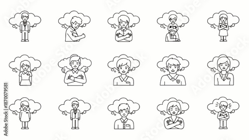Outline icons of diverse people with thought clouds, illustrating various emotional states, stress, anxiety, and mental health challenges. Internal struggles.