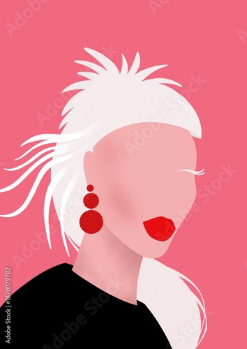 Minimalist Fashion Portrait of Woman with White Hair on Pink Background