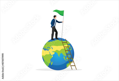 Winning world or global business success, international opportunity to grow and expand business, worldwide career development concept, success businessman climb up ladder holding winning flag on globe