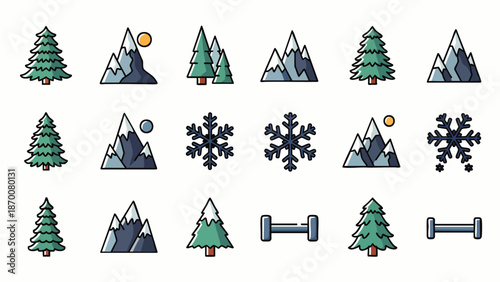 Diverse icon set combining winter nature elements like pine trees, snowy mountains, sun, moon, and snowflakes with fitness barbells in flat style.