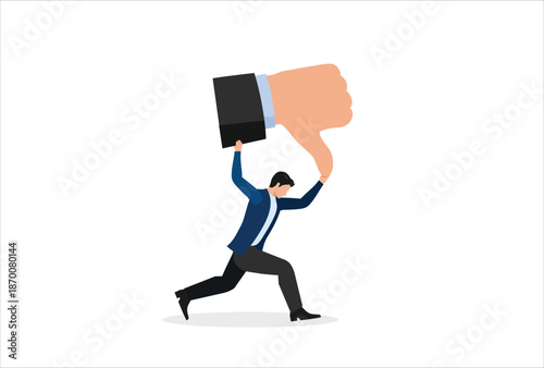 Customer complaint or bad reputation, disappointment from mistake or failure, underperform, negative and dissatisfaction concept, tried businessman carry heavy thumb down symbol on his shoulder.