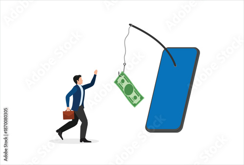 Mobile phone banking scam, fraud link to steal money, phishing bait website or online crime, thief steal money from mobile banking app concept, mobile smartphone with fishing bait scam money threat.