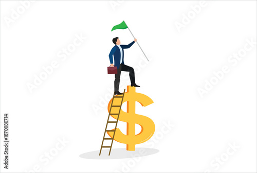 Financial success, income growth or business achievement, making money or profit, investment for financial freedom, opportunity, income concept, businessman winner holding flag climbing dollar sign.