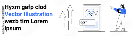 Woman pointing at upward performance chart on smartphone display with cryptocurrency icon. Ideal for finance, investment, crypto trading, analysis, business advice, data presentation, simple landing