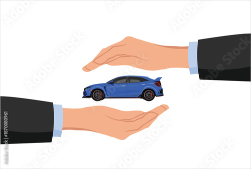 Car insurance or automobile protection, vehicle safety guard or assurance cover for transportation accident, security shield concept, businessman hand gently cover car metaphor of car insurance.