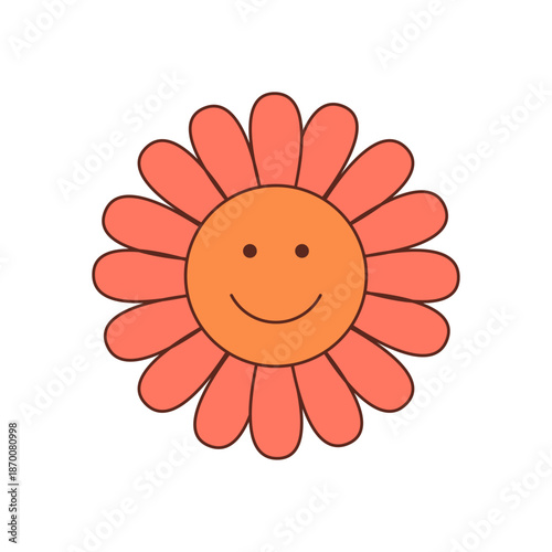 Groovy retro cartoon flower smile icon forms a happy and cute motif. Funky orange element with y2k energy brightens any sticker patch, uplifting mood with playful, positive cartoon pop style.
