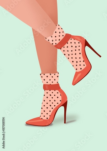 Fashion Illustration of Female Legs in High Heels and Polka Dot Socks