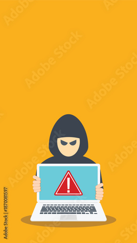 hacker and laptop computer with danger warning sign	