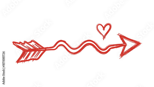 Hand-Drawn Stylized Red Cupid Arrow with Wavy Shaft and Small Heart Symbol on White Background