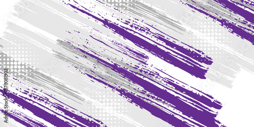 Abstract grunge brush art using the main colors of purple, gray and white background. Halftone small dots that create a sense of movement and energy