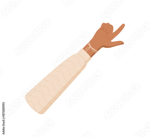 Cartoon hand gesture showing number two in flat style. Fingers form a count of 2, with palm and arm in focus, clothed a light sleeve. Minimal concept for teaching or counting visuals.