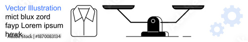 Business ethics, decision-making, balance, clothing industry, equality, system mechanics. A scale weighing on both sides, shirt outline and gear symbols. Balance and business ethics