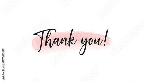 Handwritten thank you message on pink brush stroke isolated on white background