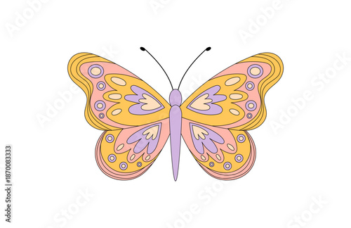 Groovy retro butterfly sticker in psychedelic pink and yellow. Cute colorful graphic with y2k vibe, this groovy element adds playful charm and vibrant style for trendy art, patch or decorative