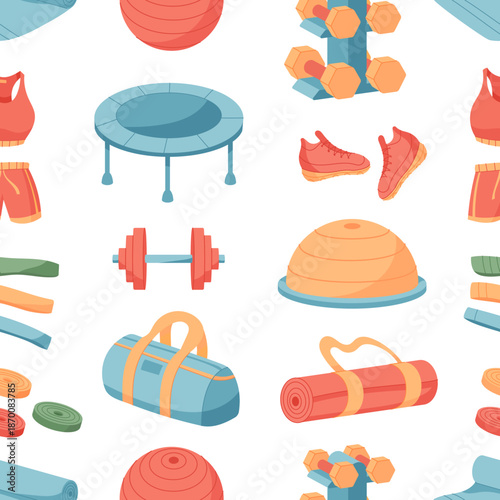 Seamless colorful fitness equipment pattern with dumbbells, sneakers, and training mats. Gym workout theme with sport gear and exercise tools in repeated style. Perfect for fitness decor or textile
