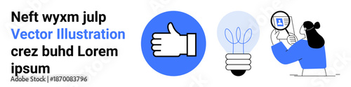 Business innovation, research, teamwork, productivity, feedback, technology concepts. Thumbs-up symbol, light bulb and a person examining a file. Innovation and research