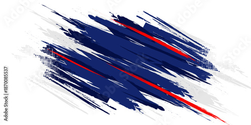 White abstract sport background featuring expressive red and dark blue paint brush strokes with halftone dot textures