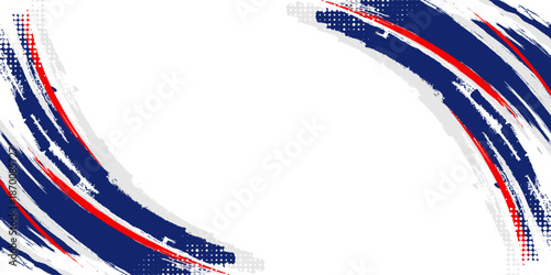White abstract sport background featuring expressive red and dark blue paint brush strokes with halftone dot textures