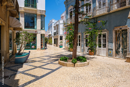 Charming Cobblestone Street in Olhão, Portugal – Traditional Architecture and Mediterranean Charm