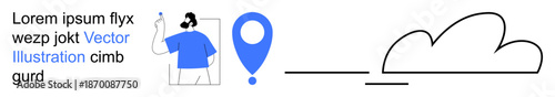 Navigation tools, location tracking, cloud storage, map services, digital connection, file sharing. Person near a location pin and cloud symbol ion. Navigation tools and location tracking concept