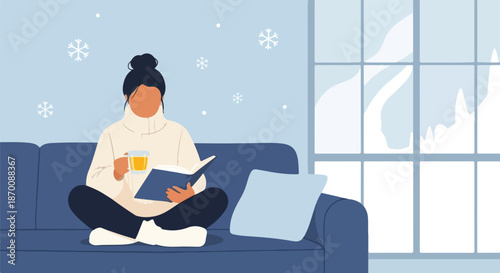 Woman wearing cozy winter turtleneck sweater relaxes comfortably on a sofa reading a book and holding a warm beverage on transparent background