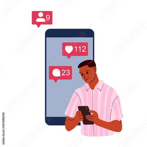 Business in social networks. Young man holding phone and checking messages, comments and likes. Device screen with social media icons. Flat vector illustration isolated on white background