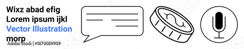 Communication, media, finance, digital interaction, technology, and economy. Minimalist speech bubble, a coin and a microphone icon. Communication and media concept
