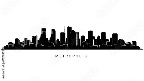Cityscape silhouette illustration of a modern metropolis skyline at dusk with prominent skyscrapers and urban landscape