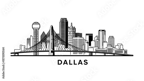 Cityscape illustration of Dallas skyline with bridge and skyscrapers from a distant viewpoint