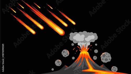 Volcanic Eruption with Meteorites Falling from Space onto a Volcano