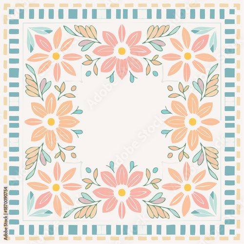 Soft Pastel Floral Square Border Design With Gentle Leaves And Repeating Geometric Pattern On A White Background