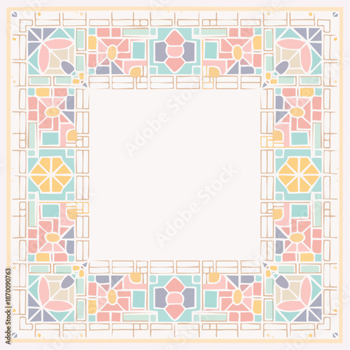 Ornate Pastel Geometric Pattern Square Frame with Floral Motifs and Abstract Lines in a Soft Light