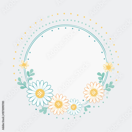 Delicate Floral Wreath With Daisies And Teal Leaves On White Background With Golden Dot Border