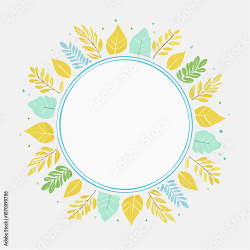 Decorative Floral Wreath with Yellow and Teal Leaves and Blue Circle Frame on White Background Perfect for Spring and Summer Designs