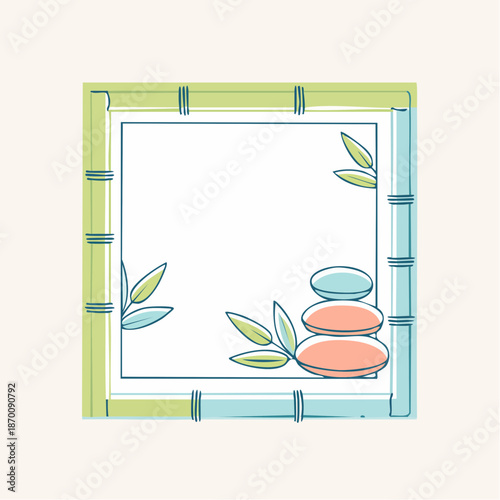 Square Bamboo Frame Border With Stacked Smooth Stones And Green Leaves Decoration on Light Beige Background