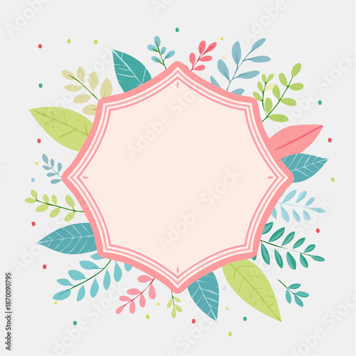 Decorative Floral Frame With Empty Pink Center For Text And Colorful Botanical Elements In Soft Pastel Colors Against A Light Background