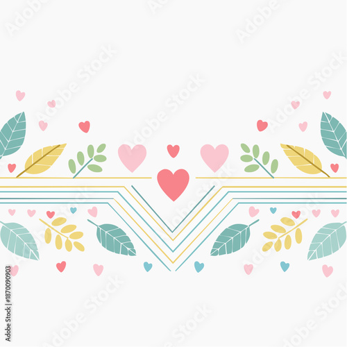 Decorative Floral and Heart Pattern with Leaf Motifs and Geometric Lines in Pastel Colors