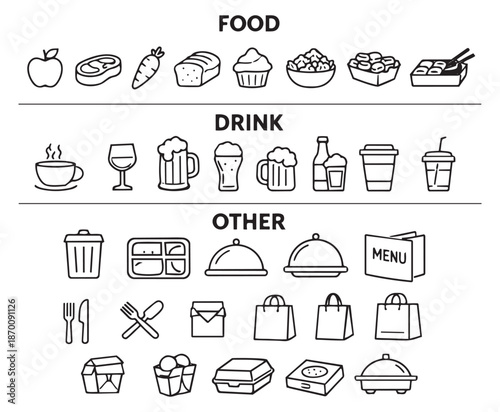 Hand drawn line art food and drink icon set featuring various dishes, beverages, and restaurant items for menus and apps