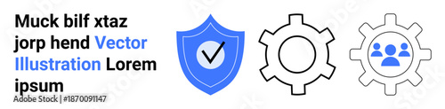 Shield with checkmark, gears, and user group icons signify protection, collaboration, and efficiency. Ideal for teamwork, security, system operations, IT solutions app design management simple