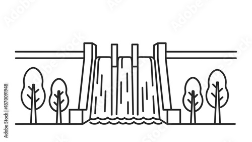 Simple line drawing depicts a waterfall cascading into a river framed by trees