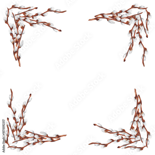 Hand-drawn watercolor Easter illustration featuring decorative frames made of pussy willow branches. Soft watercolor textures 