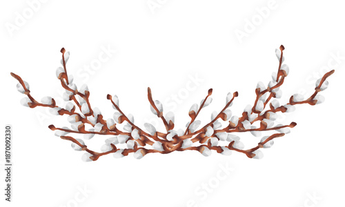 Hand-drawn watercolor Easter illustration featuring decorative frames made of pussy willow branches. Soft watercolor textures 