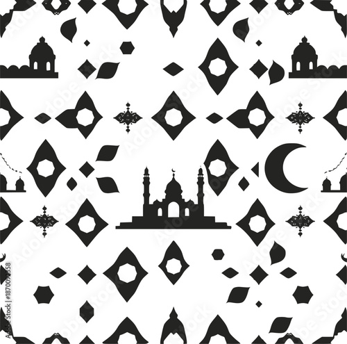 Ramadan Seamless Islamic Pattern in Black and White Vector Style