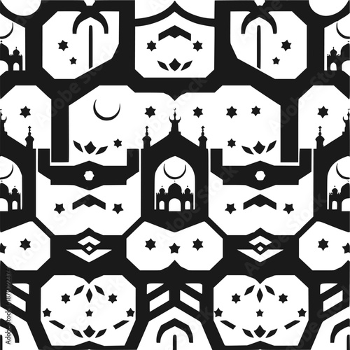 Ramadan Seamless Islamic Pattern in Black and White Vector Style